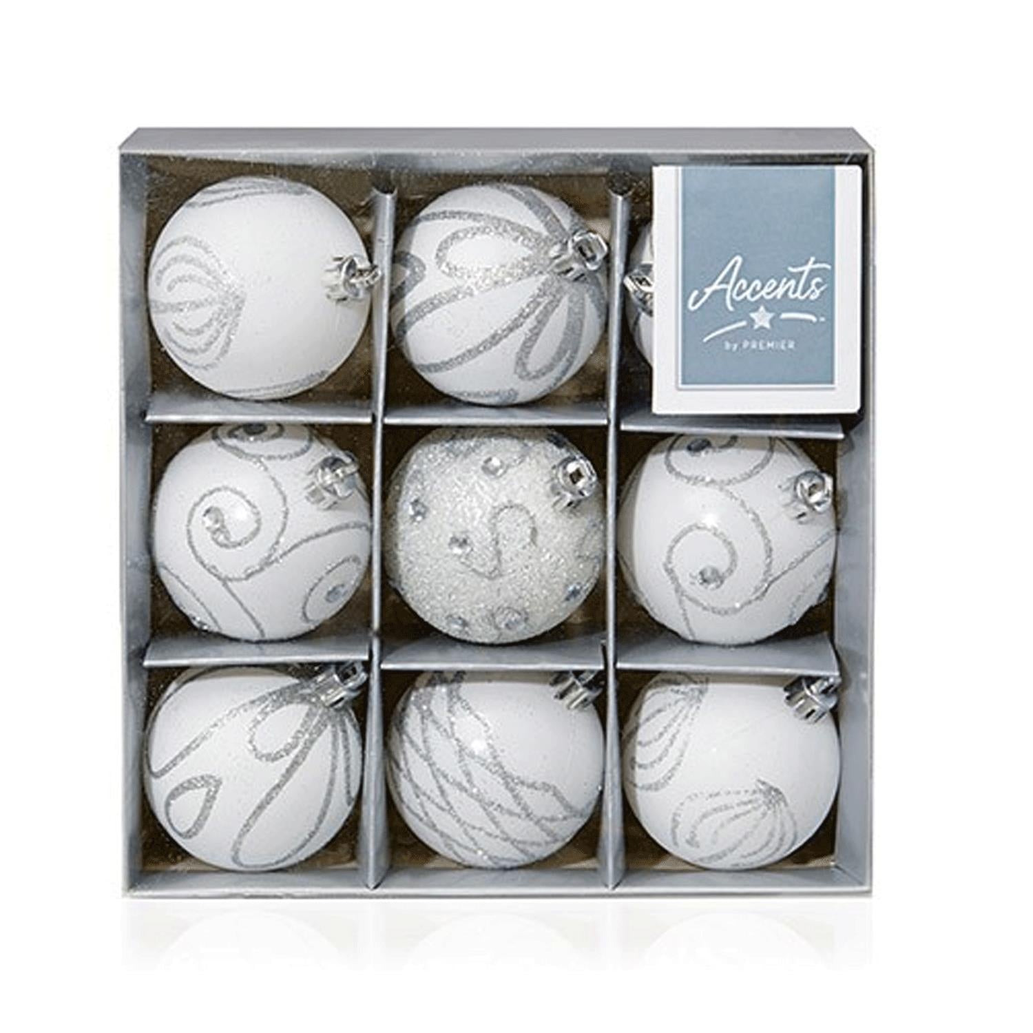 Premier Decorations White Christmas Tree Baubles Decorated Plastic Hanging Ornaments 60mm Pack of 9