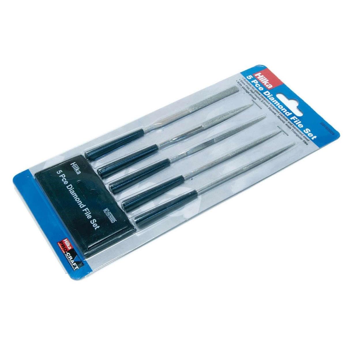 Hilka 5 Piece Diamond File Set for Glass Ceramics Tungsten Carbide and Hardened Steel with Pouch