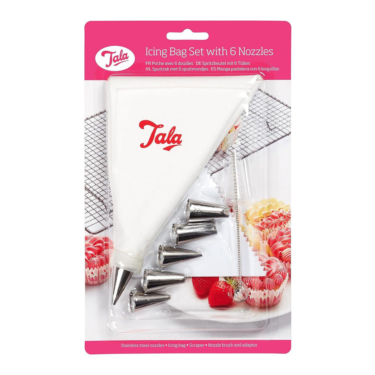 Tala Reusable Nylon Icing Bag Set 9 Piece with 6 Stainless Steel Nozzles Scraper & Brush White