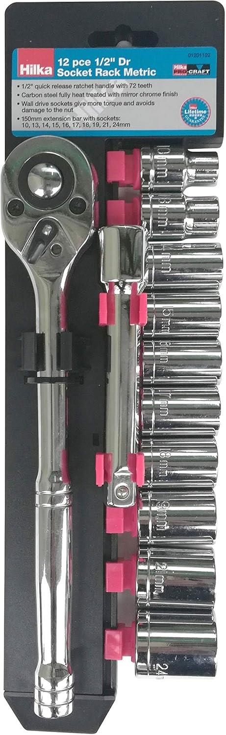Hilka 12 Piece 1/2 Inch Drive Metric Socket Set with 72-Tooth Quick Release Ratchet and Extension Bar