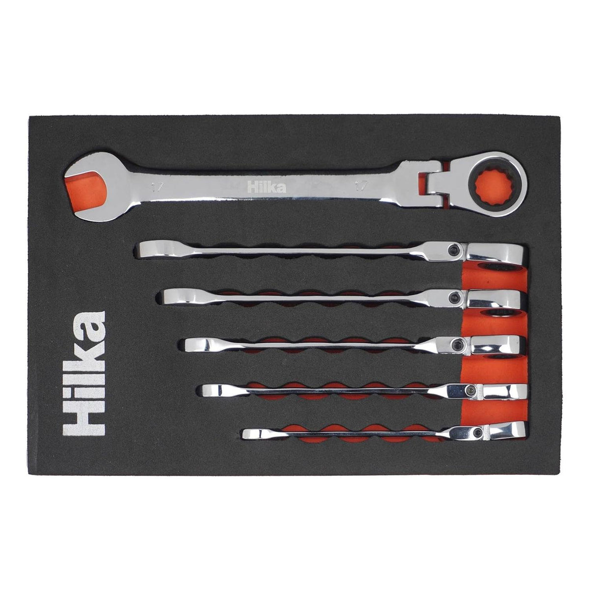 Hilka 6 Piece Metric Ratchet Spanner Set Chrome Vanadium Steel 180° Flexible Head 8–17 mm - product photo