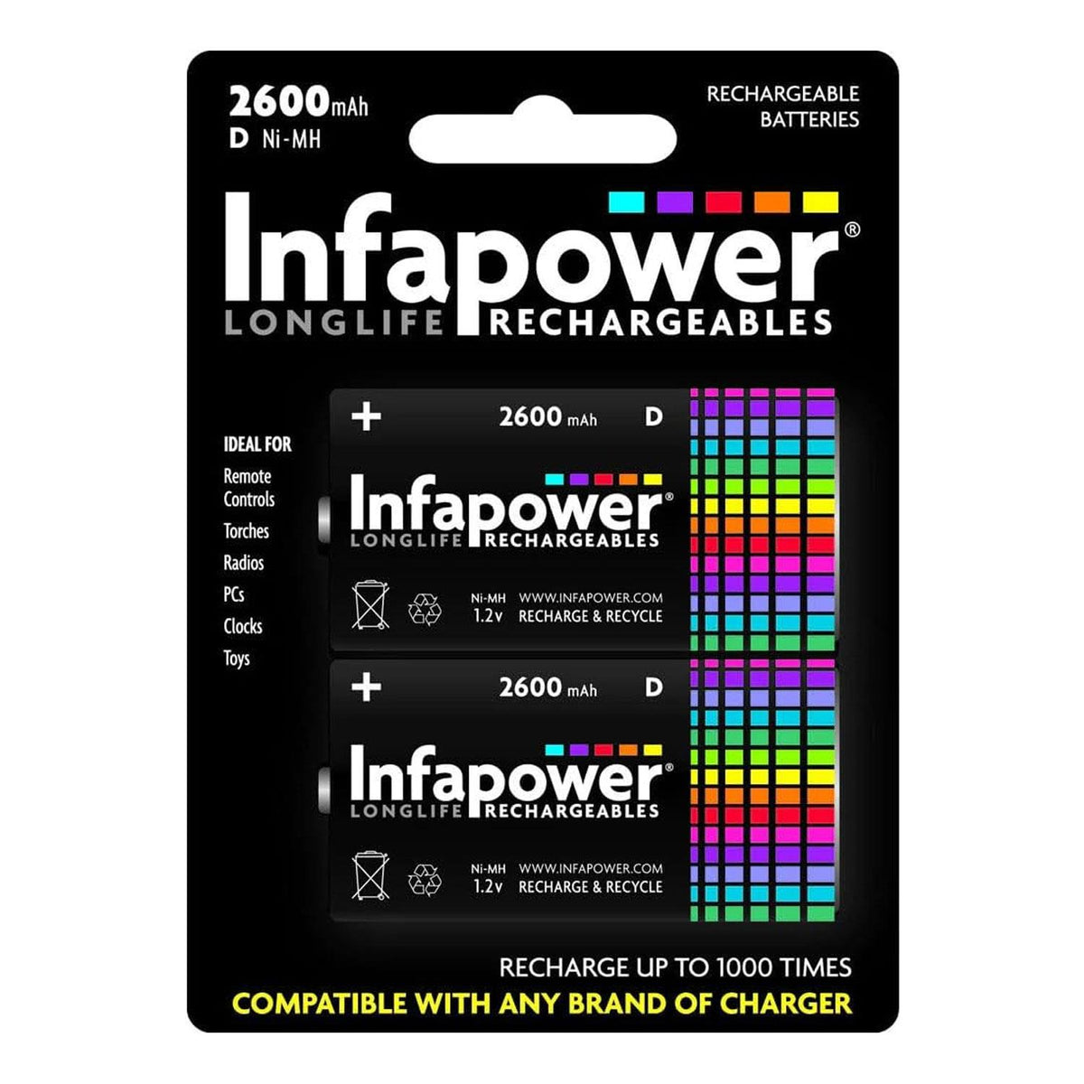 Infapower D Size Rechargeable Ni-MH Batteries 1.2V 2500mAh Pack of 2