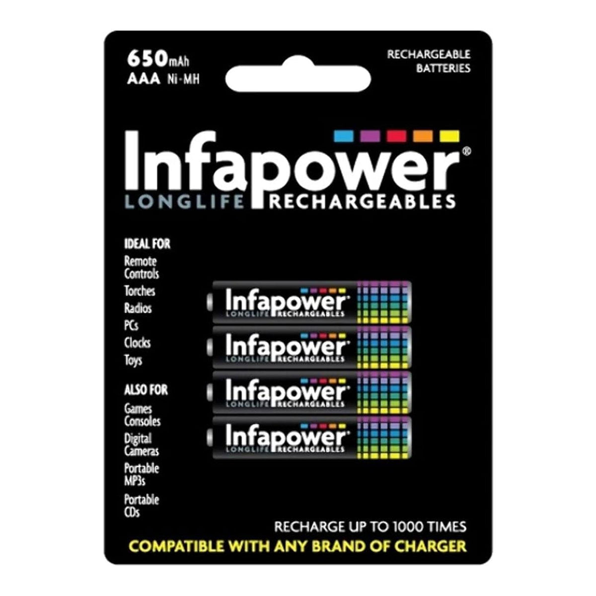 Infapower AAA Rechargeable Ni-MH Batteries 1.2V 650mAh Pack of 4