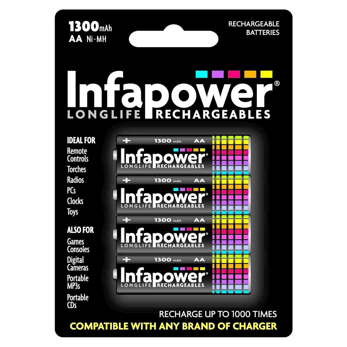 Infapower AA Rechargeable Ni-MH Batteries 1.2V 1300mAh Pack of 4