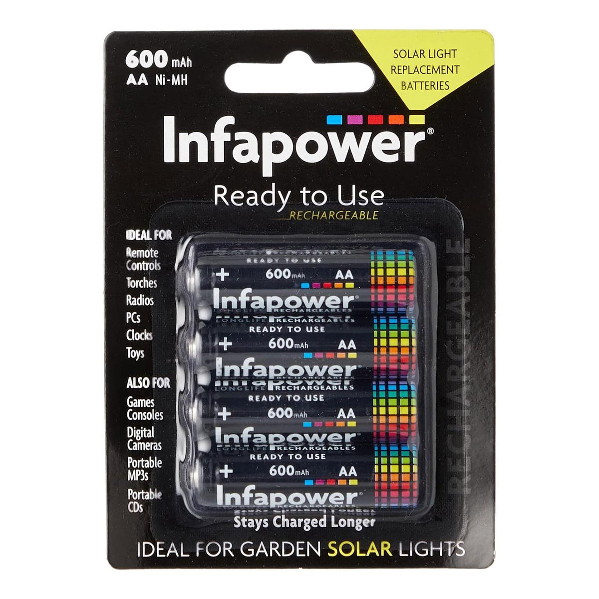 Infapower AA Rechargeable Ni-MH Batteries 1.2V 600mAh Ready to Use Pack of 4 Solar Garden Lights