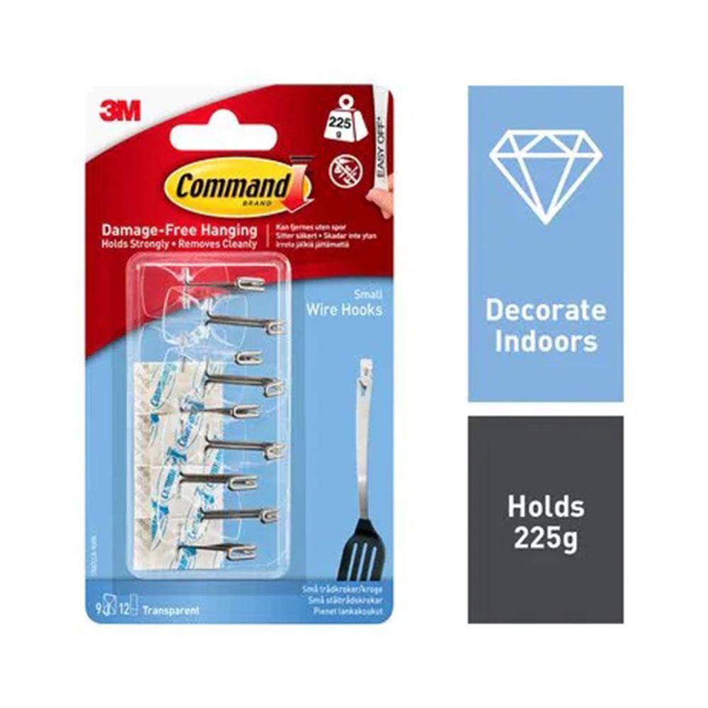 3M Command Small Clear Wire Hooks 9 Hooks with 12 Adhesive Strips 225g Capacity