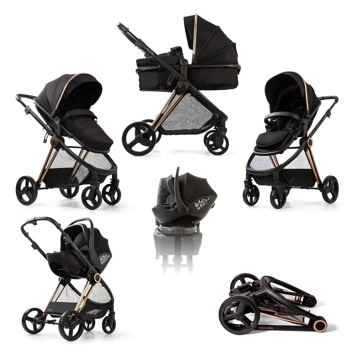 Red Kite Push Me Pace i 2-in-1 Travel System – Amber i-Size Infant Car Seat Convertible Pram & Stroller Rose Gold Frame