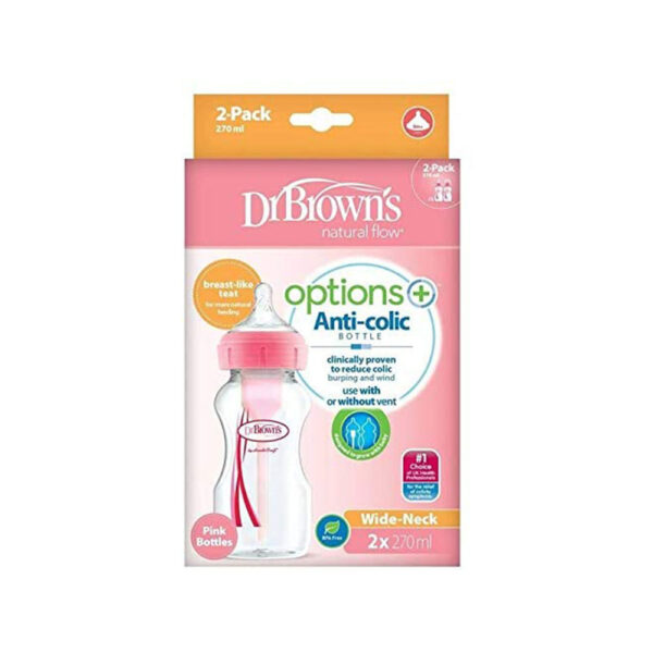 Dr Brown Options + Twin Pack Anti-Colic Wide Neck Baby Bottles 270ml - Pink - Image 2