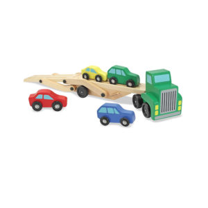 Melissa & Doug Car Transporter Truck & Cars Wooden Toy Set – Compatible With Wooden Train Tracks – Multicolour