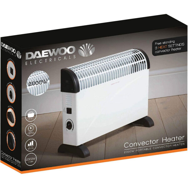 Daewoo Convector Heater 3 Heat Settings 2000 W Safety Cut-Out Function With Thermostat Dial Free Standing - White - Image 9