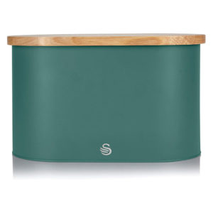 Swan Nordic Oval Bread Bin With Bamboo Cutting Board Lid Soft Touch Finish – Pine Green
