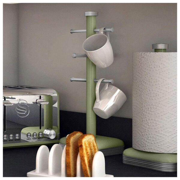 Swan Retro 6 Cup Mug Tree Weighted Base Polished Metal - Green - Image 2