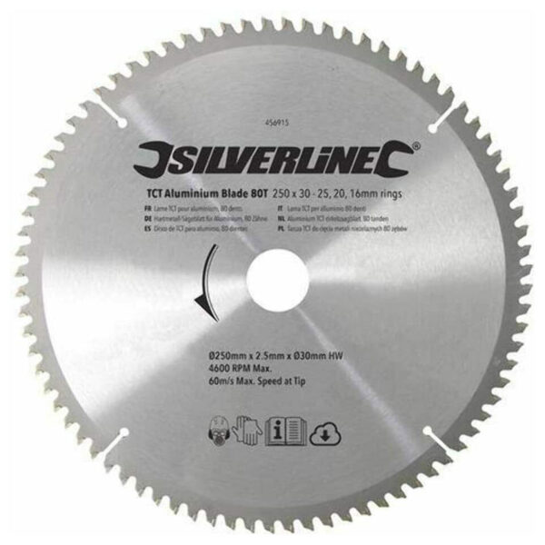Silverline TCT Aluminum Circular Saw Blade 80 Teeth 250mm x 30mm - Image 2