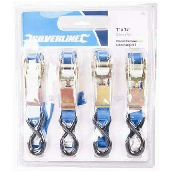 Silverline Tie-Down Cam Buckle Straps with S-Hook 2m x 25mm 250kg Lashing Capacity 500kg Breaking Strain Pack of 4 - Image 3