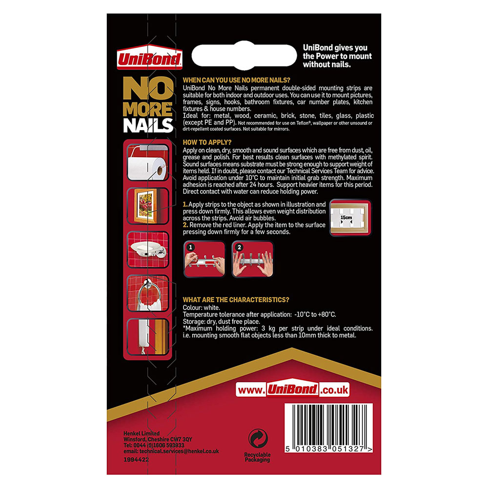 Unibond No More Nails Ultra-strong Removable Strips 5 Pack Mounting Tape 