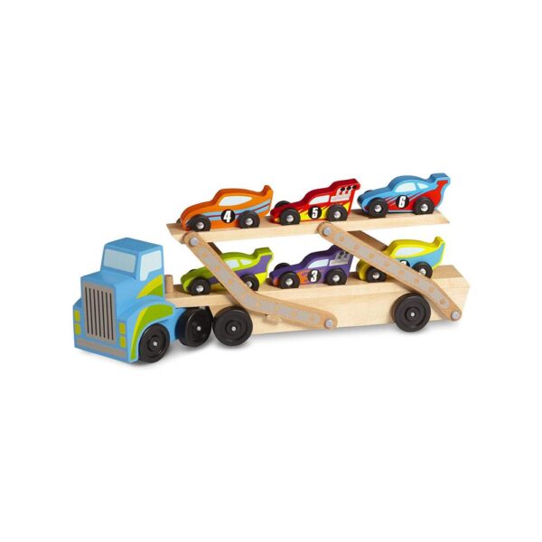Melissa & Doug Mega Race-Car Carrier - Wooden Tractor and Trailer With 6 Unique Race Cars