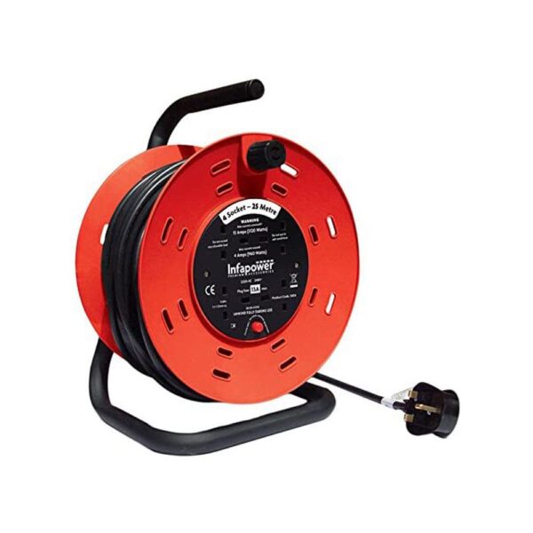 Infapower Extension Lead Heavy Duty Reel, 4 Socket ,13 Amp - Black/Red - 25m