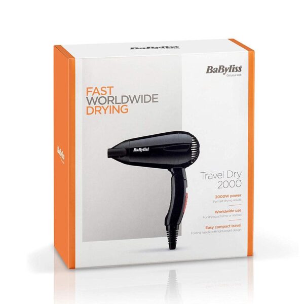 Babyliss Travel 2000 W Hair Dryer Lightweight Compact Small With Folding Handle - Black - Image 5