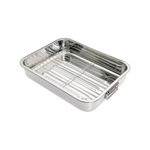 KitchenCraft Stainless Steel Roasting Tin with Rack Medium 38cm x 27.5cm 5 Litres – Silver
