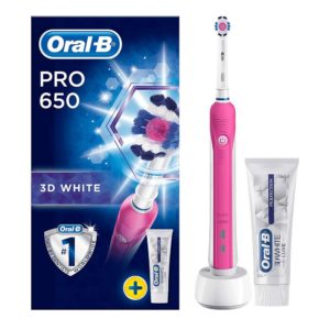 Oral-B Pro 650 Pink 3D White Electric Rechargeable Toothbrush + Toothpaste Set