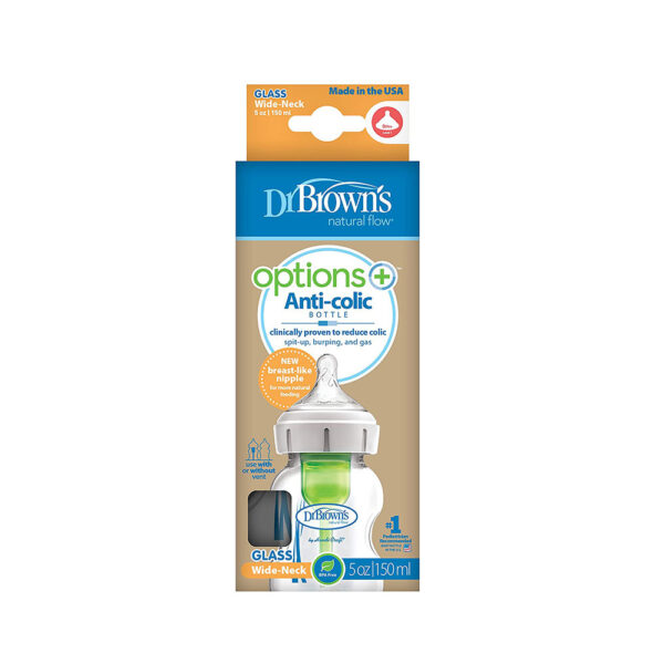 Dr Brown Natural Flow Options+ Anti-Colic Glass Wide-Neck Baby Bottle 150 ml/5 oz - Image 6