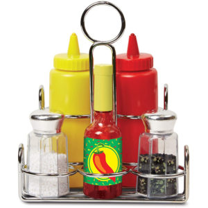 Melissa & Doug Let’s Play House! Condiment Set – 6 Pieces – Pretend Play Sturdy Metal Caddy Realistic Sound Effects – Multicolour
