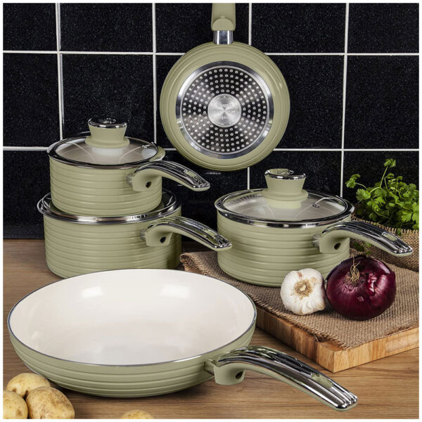 Swan Retro Non Stick Saucepans And Frying Pans 5 Piece Set With Glass Lid - Green - Image 14