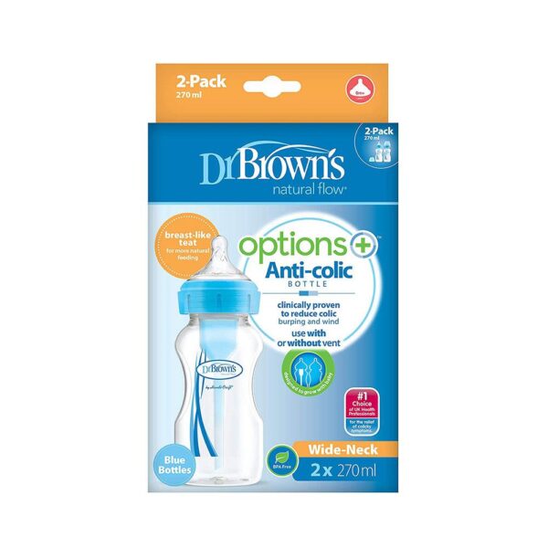 Dr Brown Options+ AntiColic Wide Neck Baby Bottles 270ml Twin Pack - Blue - Image 2