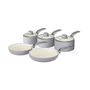 Swan Retro Non Stick Saucepans And Frying Pans 5 Piece Set With Glass Lid – Grey