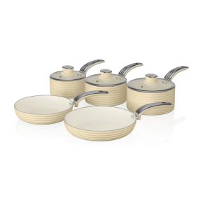 Swan Retro Non Stick Saucepans And Frying Pans 5 Piece Set With Glass Lid – Cream