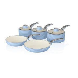 Swan Retro Non Stick Saucepans And Frying Pans 5 Piece Set With Glass Lid – Blue