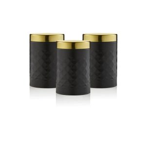 Swan Gatsby Tea Coffee Sugar Kitchen Canisters Carbon Steel And Gold Lid Set of 3 – Black