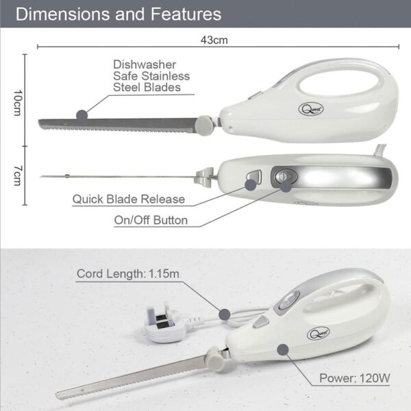 Quest Electric Serrated Carving Knife Stainless Steel Blade 120W - White - Image 7