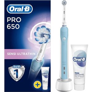 Oral-B Pro 650 Sensi Ultrathin Electric Toothbrush Rechargeable 1 Turquoise Handle, 1 Toothbrush Head, 1 Bonus Oral-B Gum and Enamel Repair Original Toothpaste
