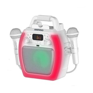 Daewoo Compact Bluetooth Karaoke Machine with Two Wired 6.3mm Microphones – White