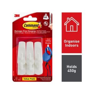 3M Command Utility Hooks Small 6 Hooks And 12 Small Strips 450g Holding Power Value Pack – White