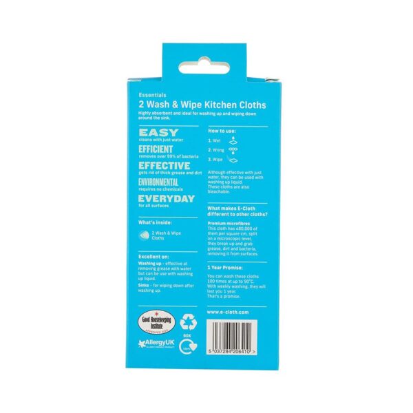 E-Cloth Essentials Wash And Wipe Kitchen Dish Cloths 32cm x 32cm 2 Pack - Red/Blue/White - Image 3