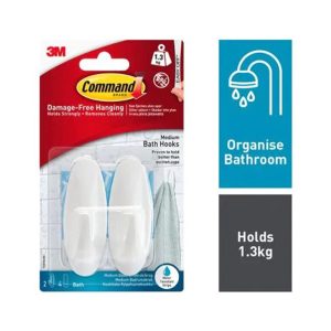 3M Command Bathroom Designer Hooks Medium 2 Hooks And 4 Medium Strips 1.3 kg Holding Power – White