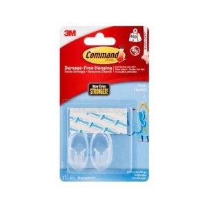 3M Command Hooks With Strips Small 2 Hooks And 4 Small Strips 450g Holding Power – Clear/Transparent