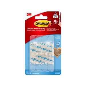 3M Command Mini Hooks With Strips Mini 6 Hooks And 8 Small Strips 225g Holding Power – Clear/Transparent