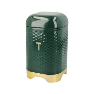 KitchenCraft Lovello Textured Tea Storage Caddy With Lid Ventilated Design – Hunter Green/Gold