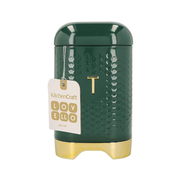 KitchenCraft Lovello Textured Tea Storage Caddy With Lid Ventilated Design - Hunter Green/Gold - Image 2