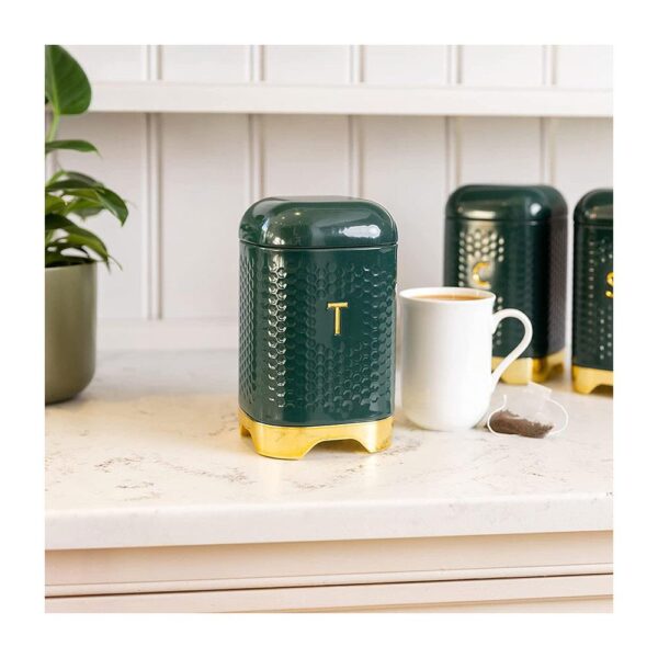 KitchenCraft Lovello Textured Tea Storage Caddy With Lid Ventilated Design - Hunter Green/Gold - Image 3
