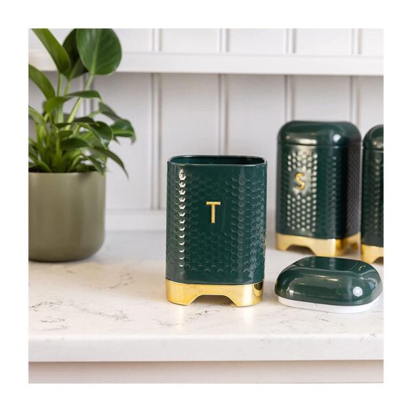 KitchenCraft Lovello Textured Tea Storage Caddy With Lid Ventilated Design - Hunter Green/Gold - Image 4