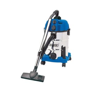 Draper Wet And Dry Vacuum Cleaner 230V With Stainless Steel Tank And Integrated Power Out-Take Socket 30 Litre – Blue