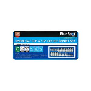 Blue Spot Tools 1/4Inch 3/8Inch And 1/2Inch Hex Bit Socket Set Metric And Imperial (2-19mm) (1/4Inch-9/16Inch) – 32 Piece