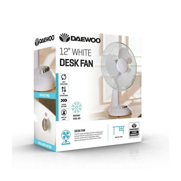 Daewoo 12 Inch Desk Fan Oscillating Table Fan With 3 Speed Settings 60W - White - Image 5