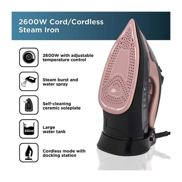 Black & Decker Linen Care Steam Iron Cord/Cordless 2600W 330ml Water Tank - Black And Rose Gold - Image 2
