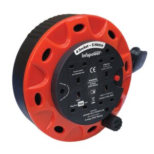 Infapower 4 Socket 13 Amp 5 Meter Enclosed Drum Extension Cable Reel Electrical Lead – Red/Black