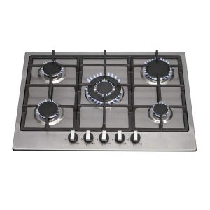 SIA Stainless Steel 5 Burner Gas Hob 70cm With Iron Pan Stands And Wok Burner – Silver/Black